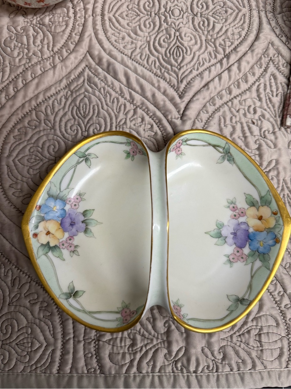 Antique Floral Relish Dish - Gold Trim, White
